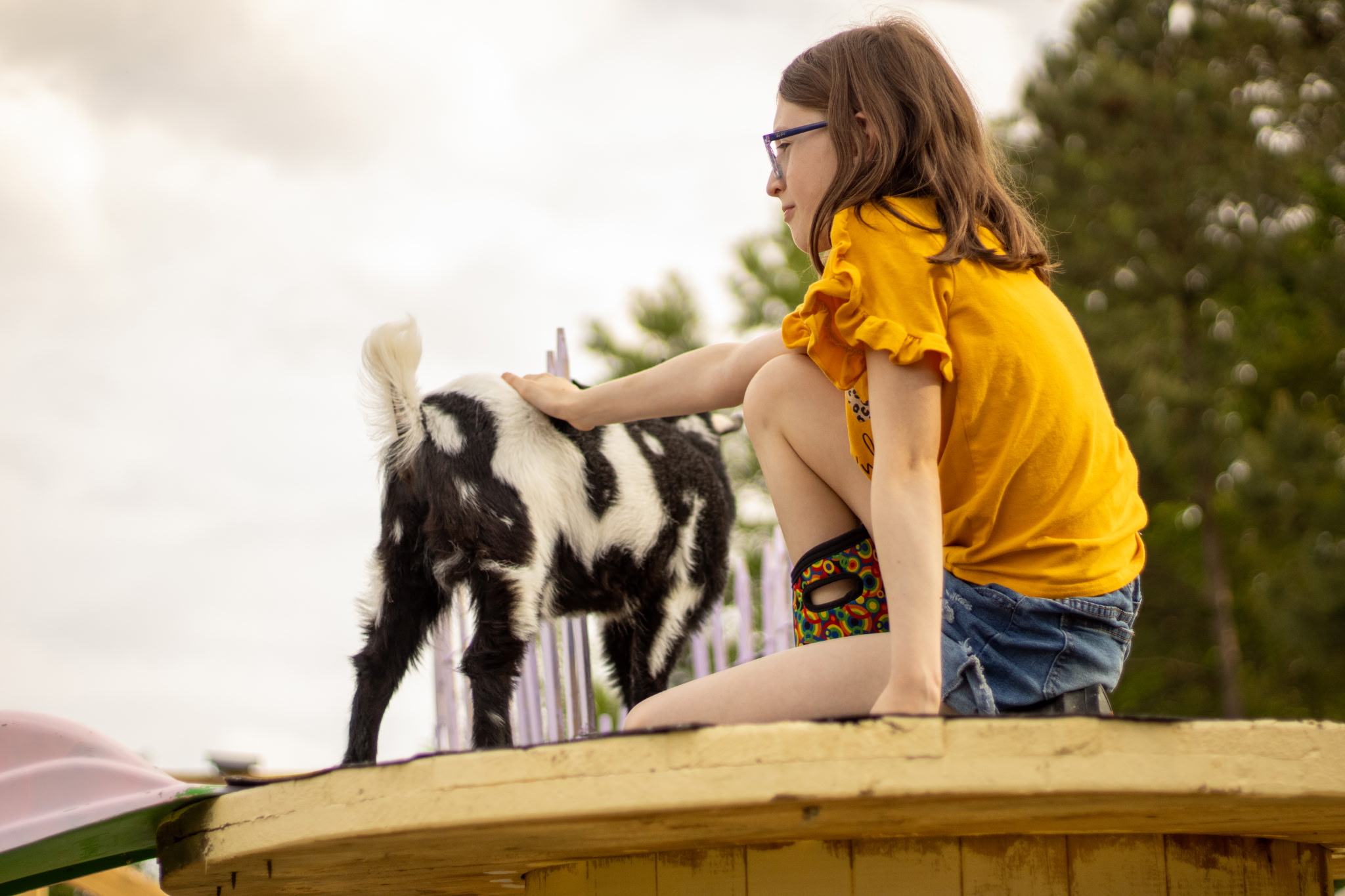 Emma snuggling Piper the goat